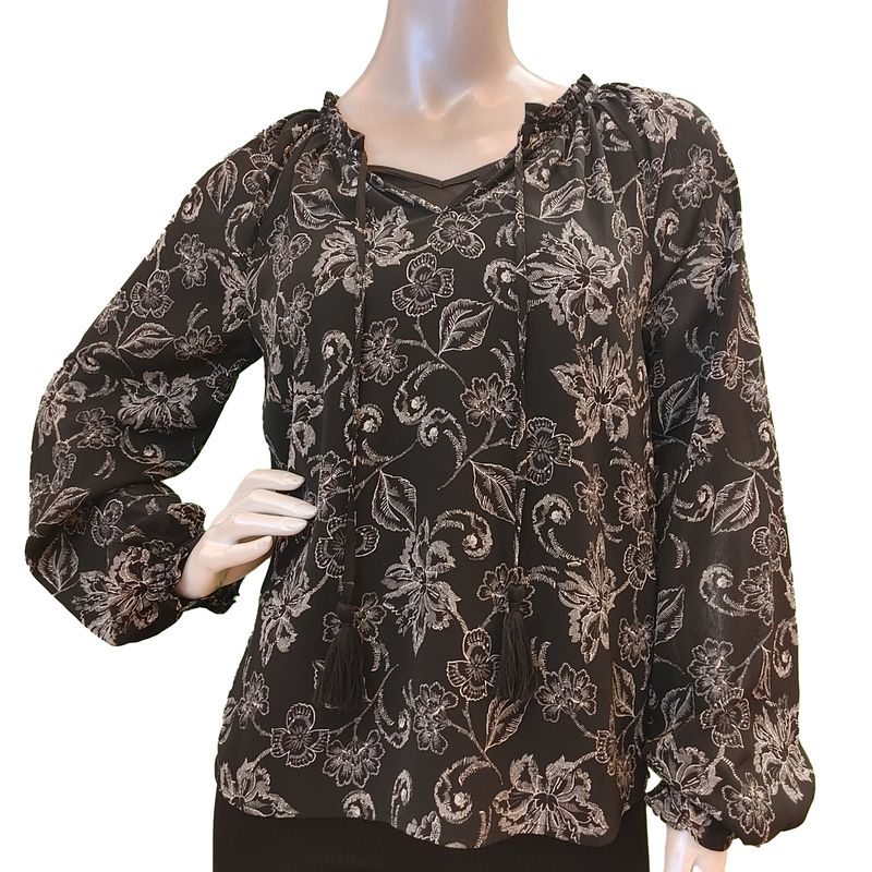 MOM4089 long sleeve print blouse w/tie neck and elastis sleeve