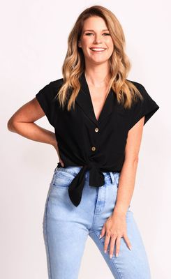 TO-6917178BLK short button blouse w/tie front