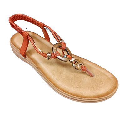 LINA-2RED flat thong sandal w/beads and wood detail