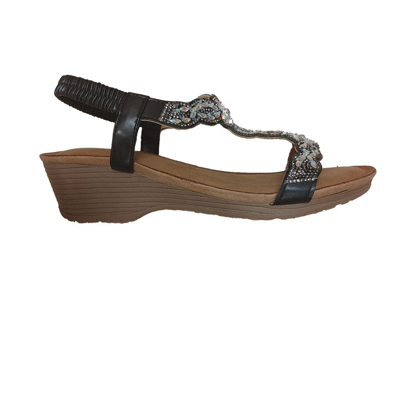 LYRA1-BLK wedge sandal w/rhinestones and wrap around ankle
