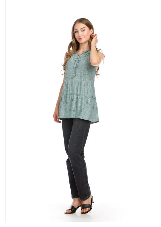 PD-16039 stretch sleeveless tiered eyelet top