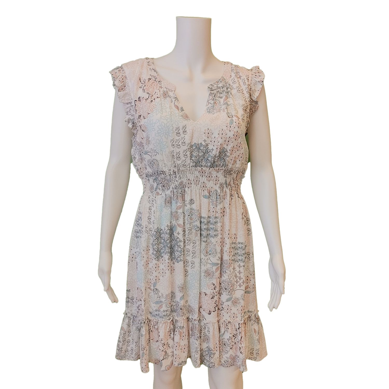 MOM7210 v-neck frill sleeve print dress