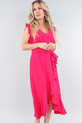 24S3632 ruffled sleeve v- neck long stretch dress w/ tie waist
