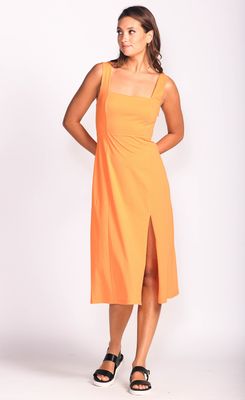 DR-12898 ladies sleeveless stretch maxi dress w/stretch back and front slit and adjustable straps