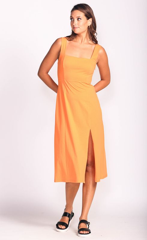 DR-12898 ladies sleeveless stretch maxi dress w/stretch back and front slit and adjustable straps