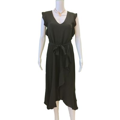 24S3632 ruffled sleeve v- neck long stretch dress w/ tie waist