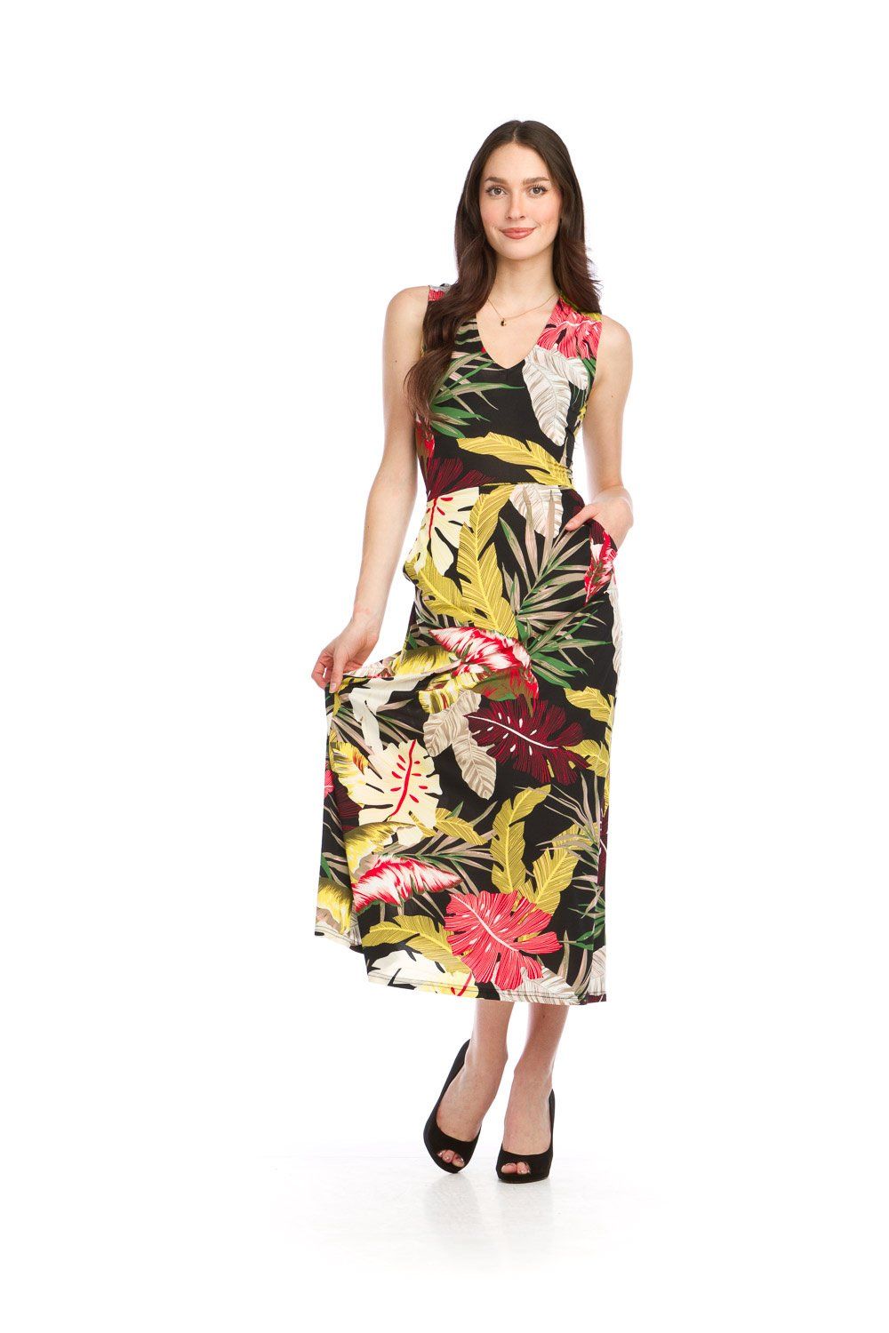PD-16504 Ladies v-neck tropical print sleeveless dress w/pockets and tie at waist
