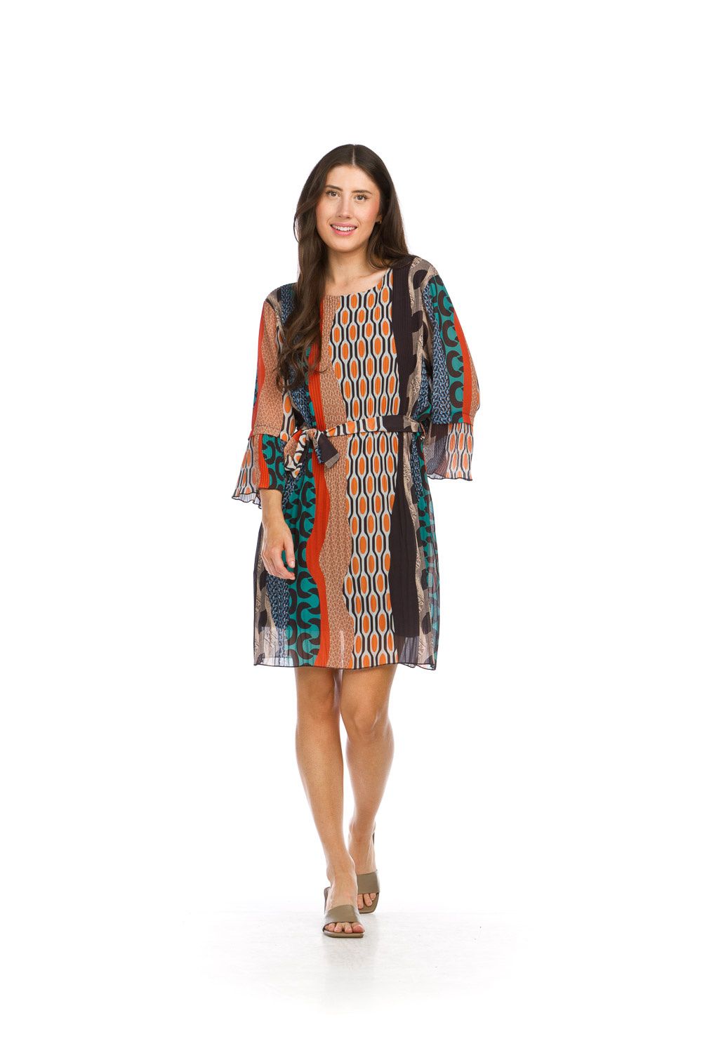 PD-16724-I ladies printed 3/4 sleeve pleated dress w/tie