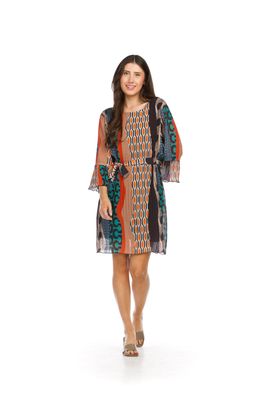 PD-16724-I ladies printed 3/4 sleeve pleated dress w/tie