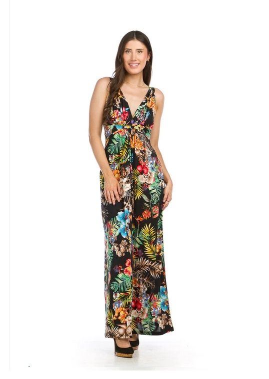 PD-16717 sleeveless v-neck tropical print maxi dress