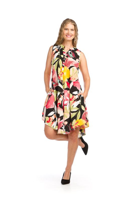PD-16678 henley sleeveless floral Aline dress w/pockets