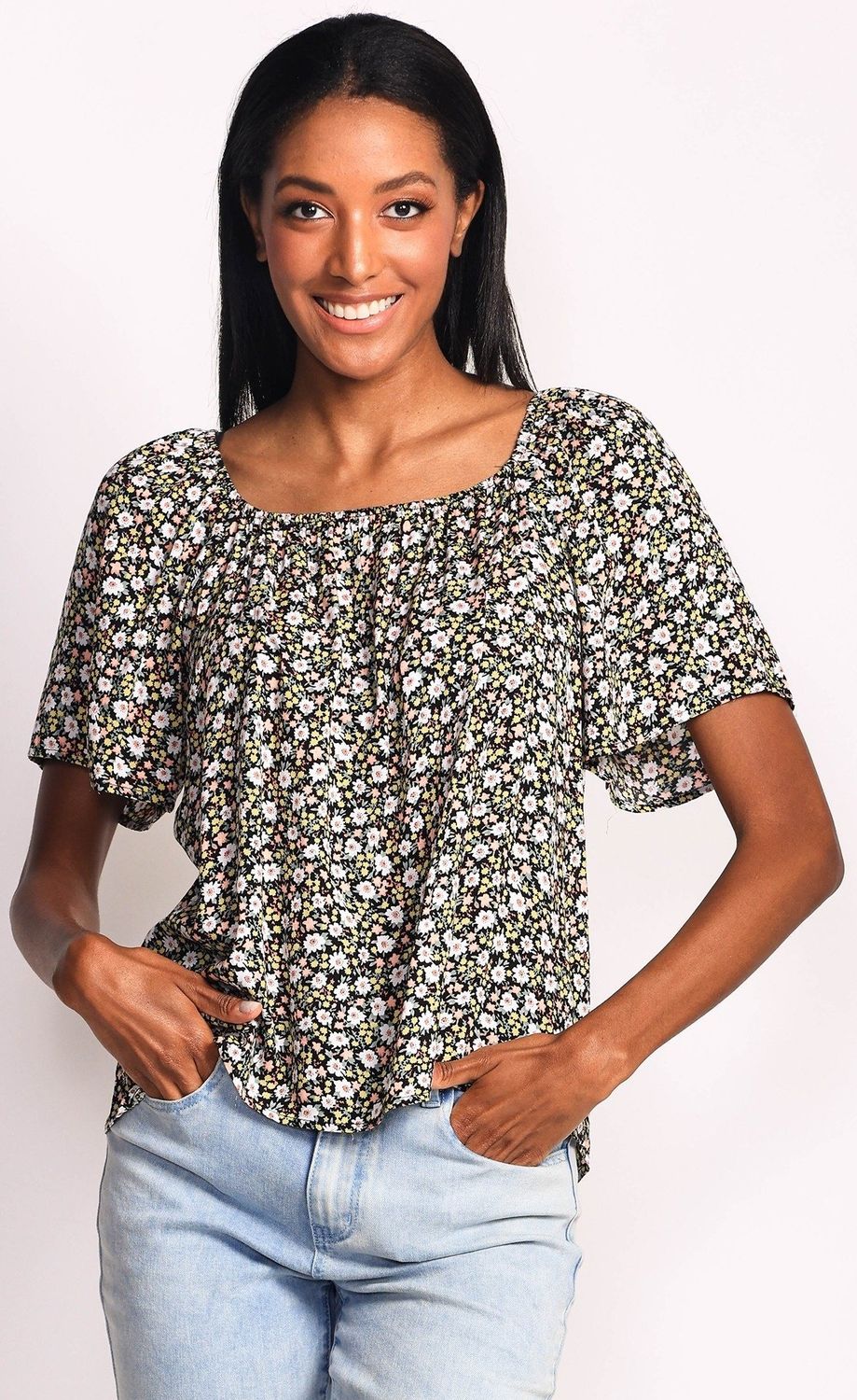 TO-230511BK s/s loose floral top