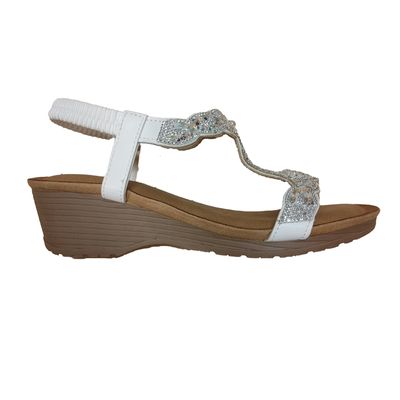 LYRA1-WHITE wedge sandal w/rhinestones and wrap around ankle