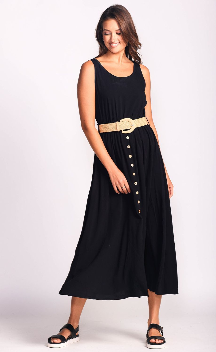 DR-6917176 ladies sleeveless long dress w/button detail and belt