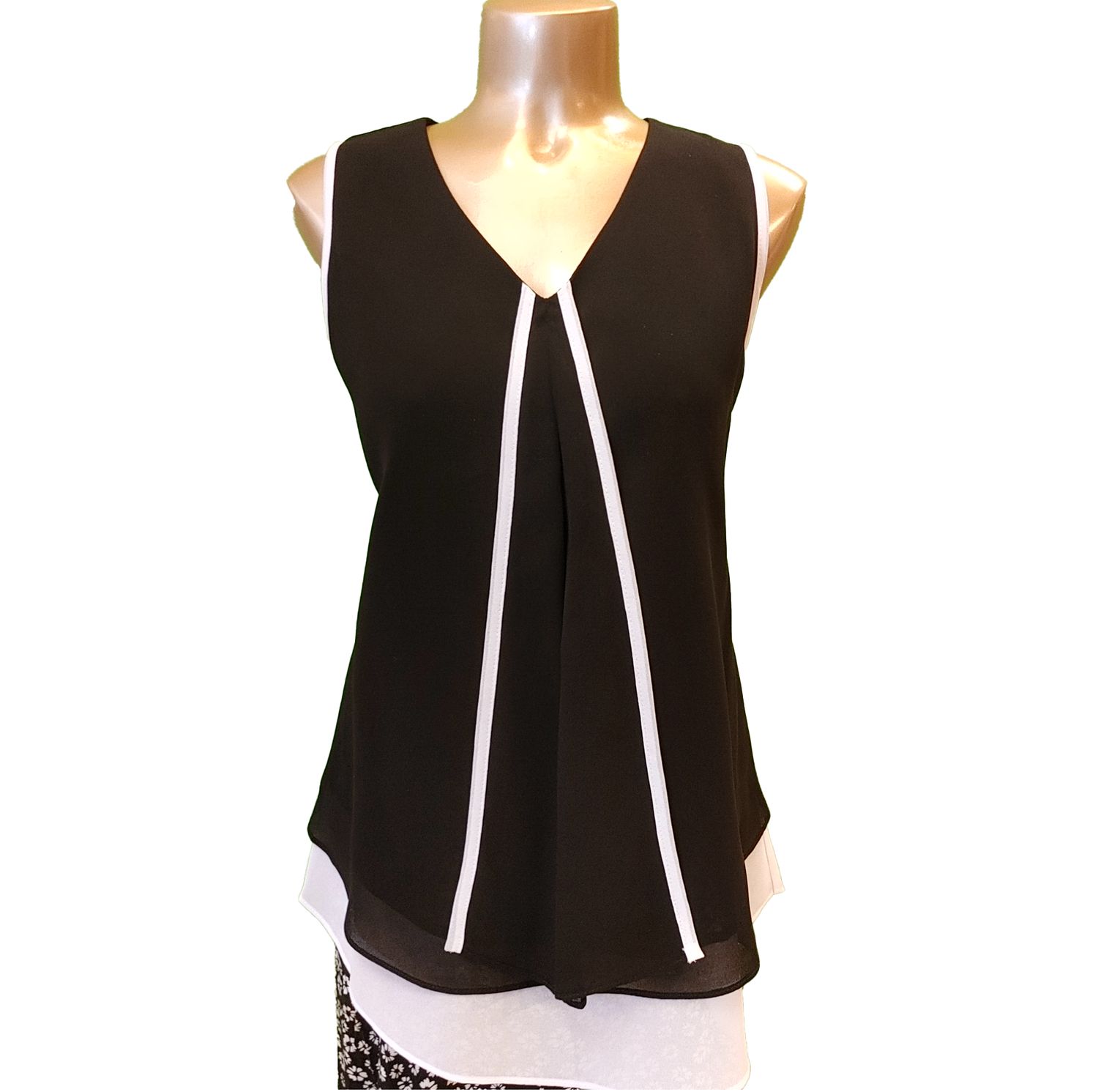 60814 sleeveless black blouse w/white piping