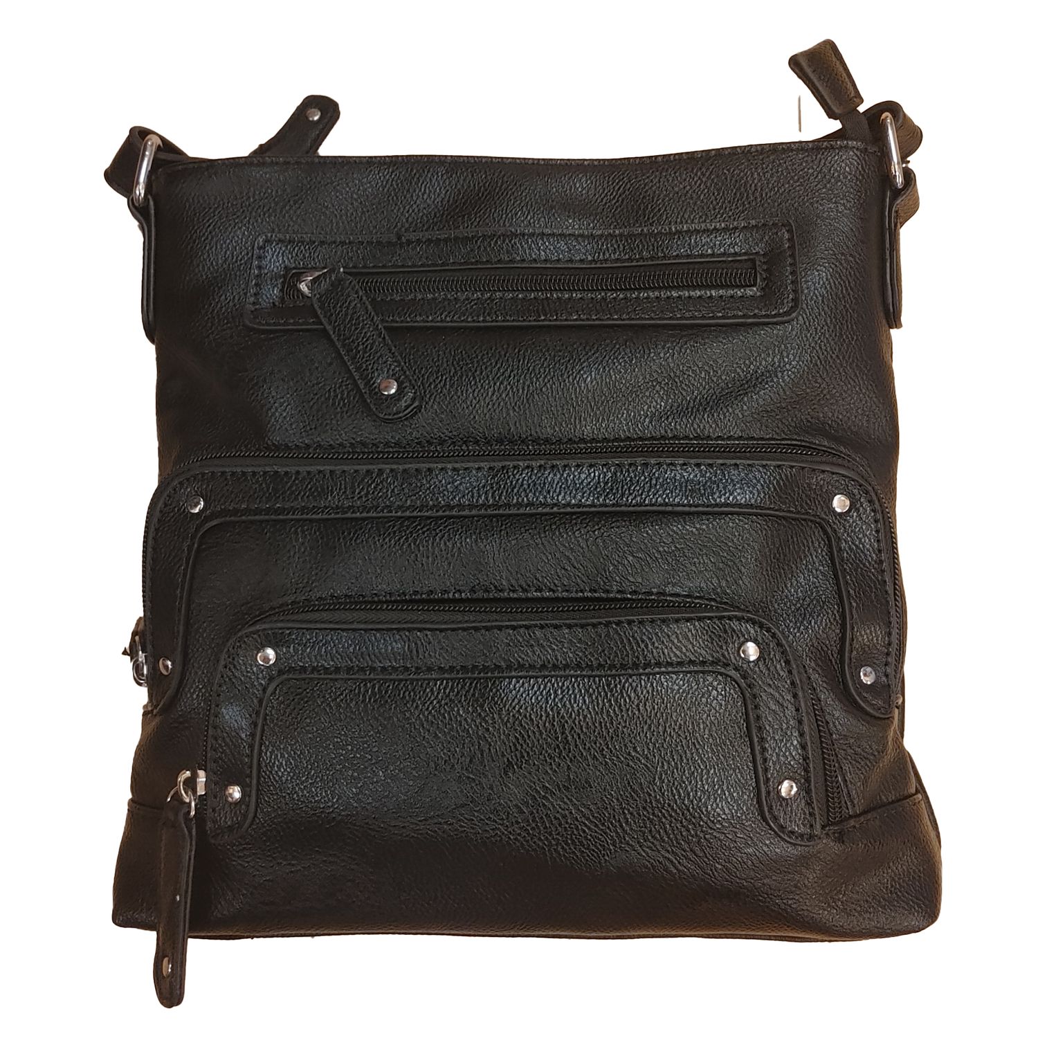 43916RSTL crossbody purse w/multiple zippers and inside compartments