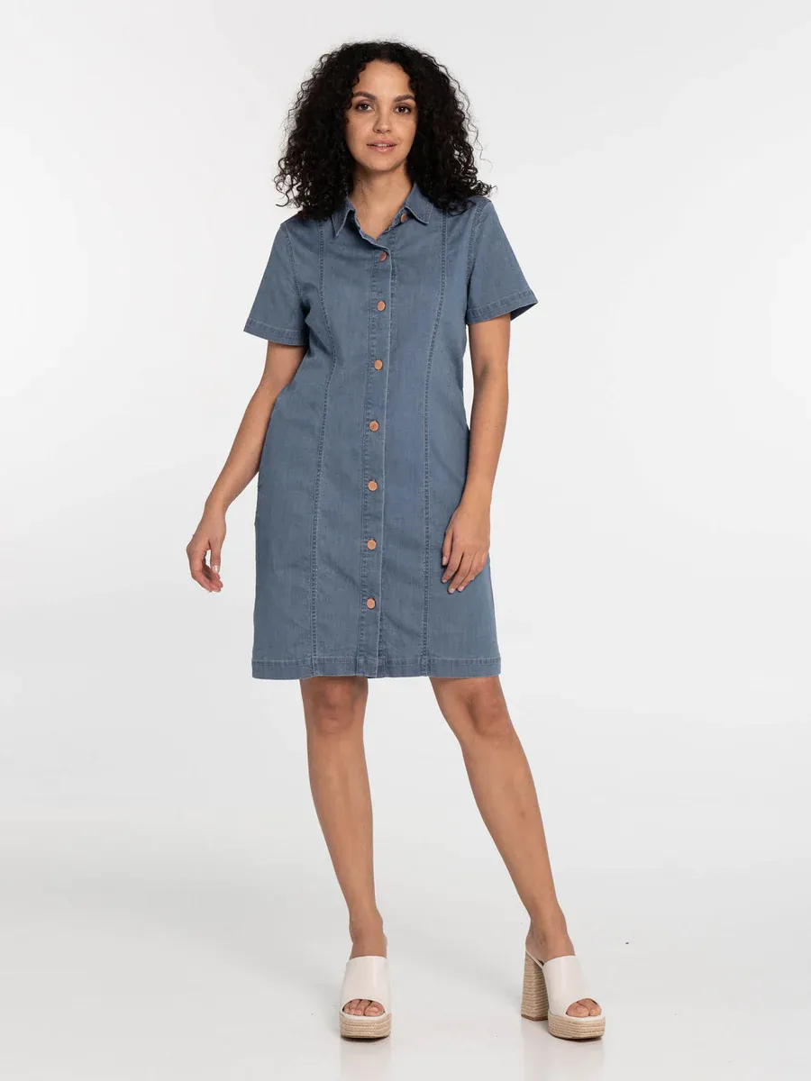 29286970 ladies s/s button front denim dress