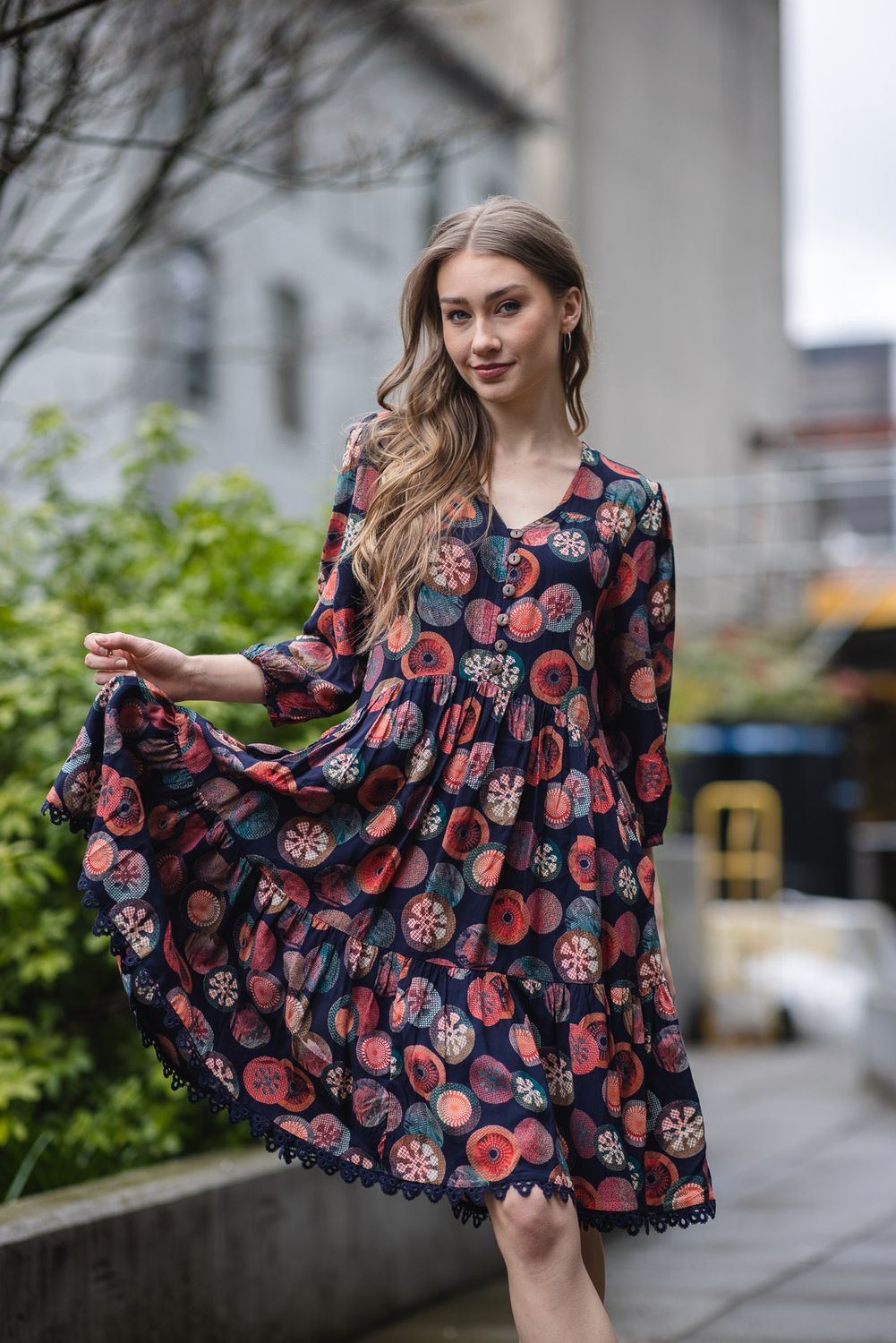 PD-15531 printed 3/4 sleeve abstract dress