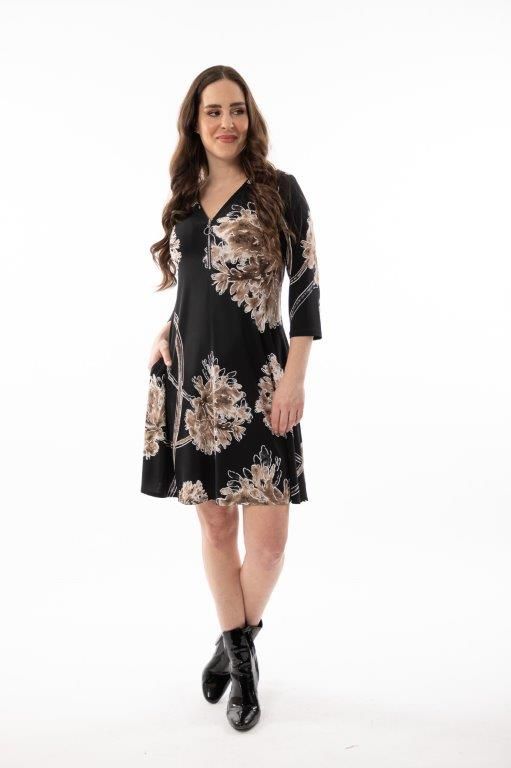 8510 Women&#39;s 3/4 sleeve print V-neck tunic dress w/zip and pockets