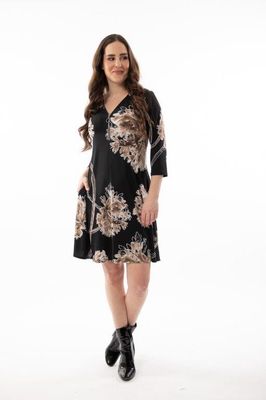 8510 Women&#39;s 3/4 sleeve print V-neck tunic dress w/zip and pockets