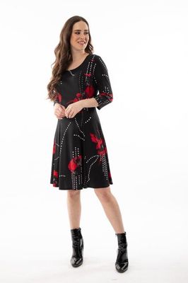 8511 Women&#39;s 3/4 sleeve flower and pokadot dress