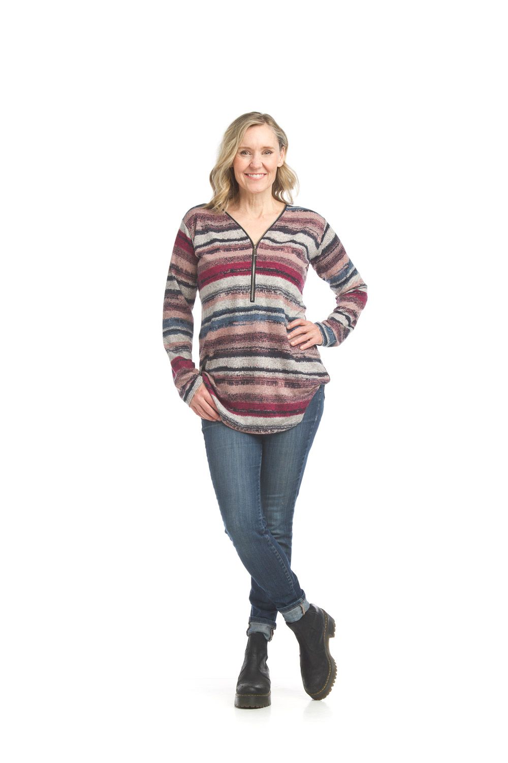 ST-17253 Women&#39;s striped half zip light weight sweater
