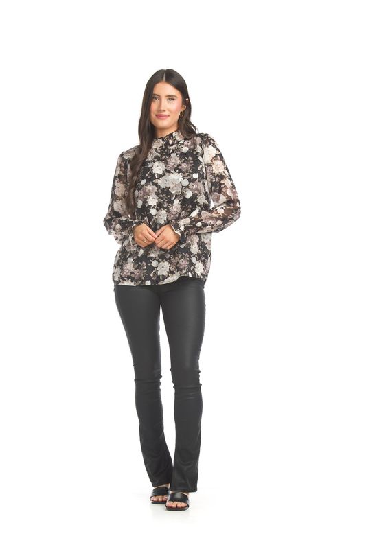 PT-17032 ladies satin long sleeve burnout mock neck blouse
