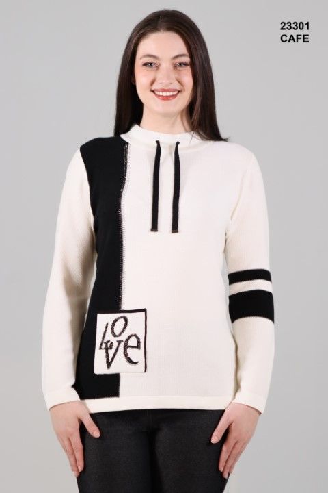 23301 Women&#39;s long sleeve mock neck sweater w/tie on neck and love on pocket