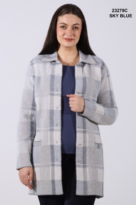 23279C ladies long button plaid cardigan sweater w/pockets