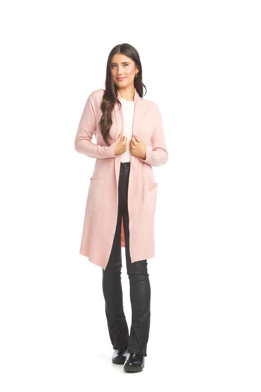 ST-13303 Ladies ribbed pointelle long cardigan coat w/pockets