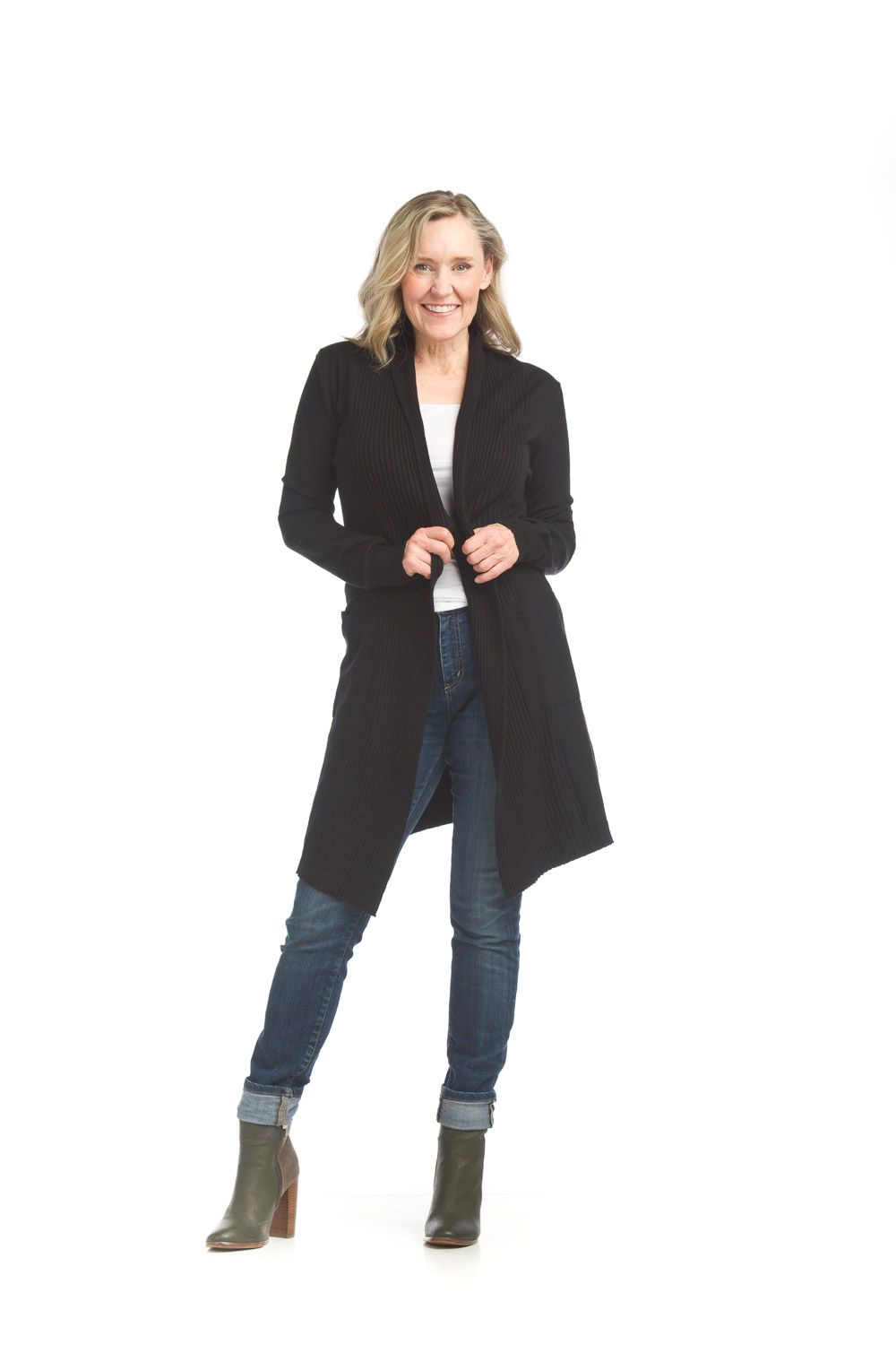 ST-13303 Ladies ribbed pointelle long cardigan coat w/pockets