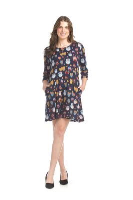 SD-17418 Ladies owl print 3/4 sleeve skater sweater dress w/pockets