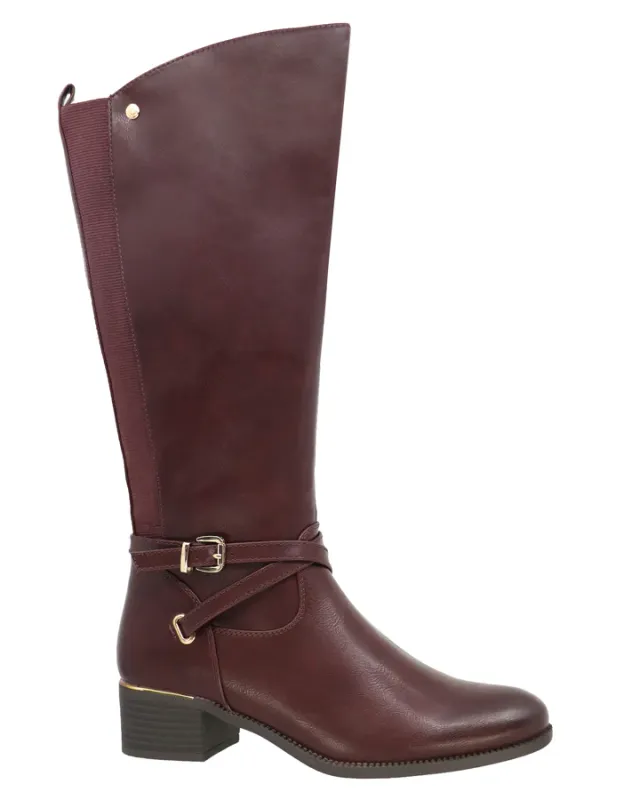 BETTY-01 Ladies tall boot w/full inside zipper, gold metal detailing and elastic gore
