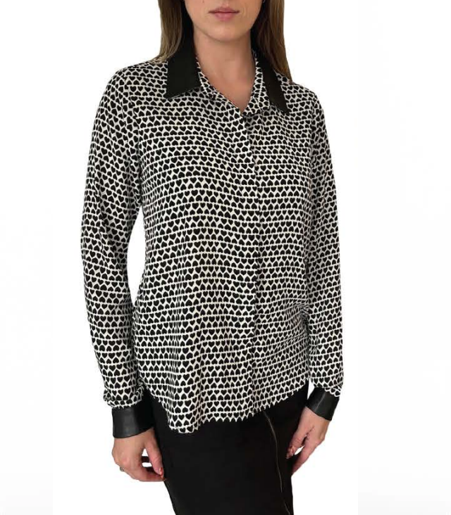 MON4174 Women&#39;s long sleeve heart print blouse w/faux leather collar and cuffs