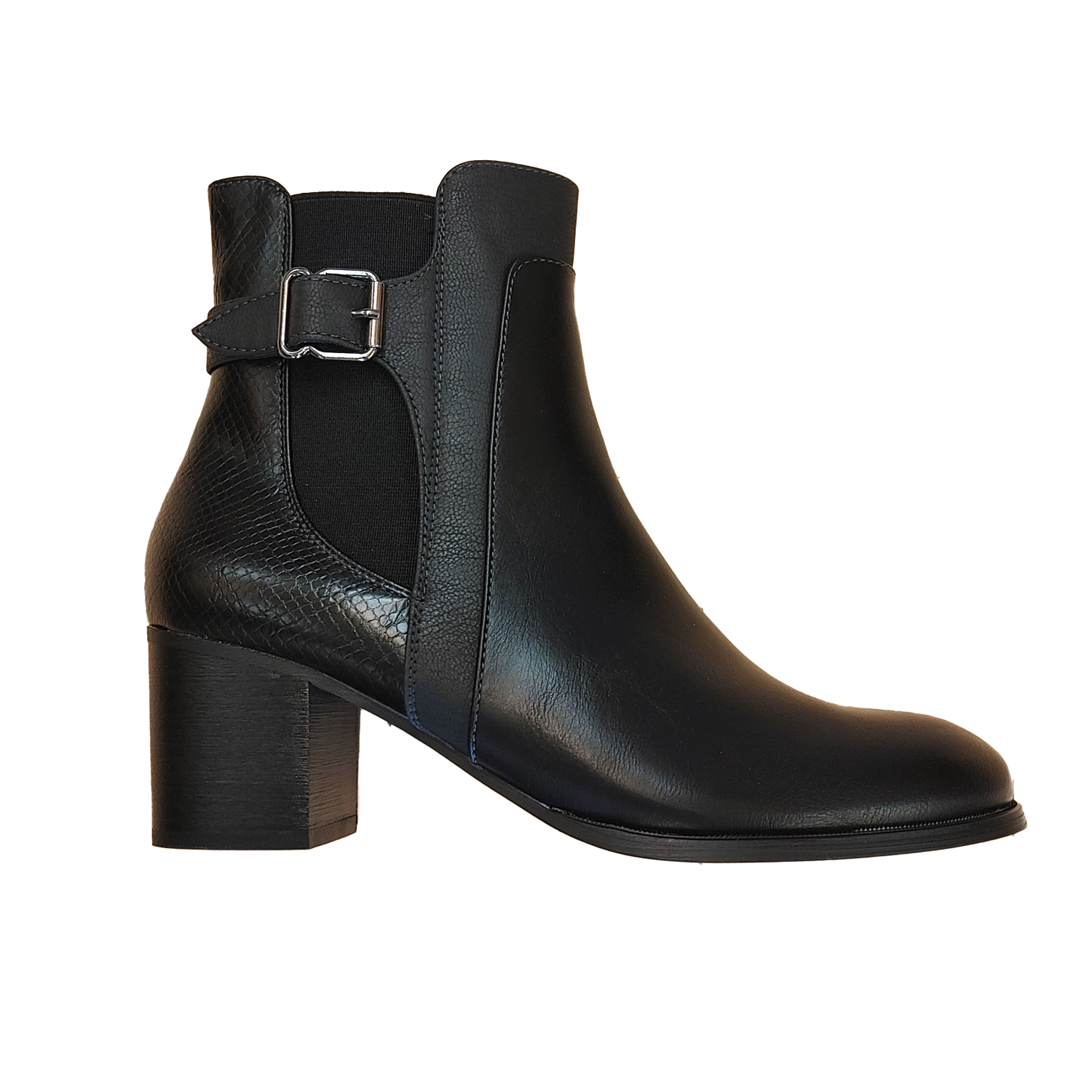 2147650 Ladies ankle boot w/buckle detail, stretch gore and inside zipper