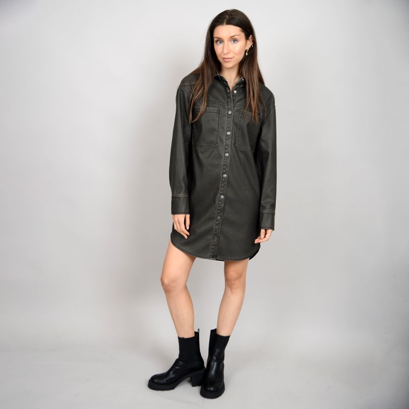 76WD030S Ladies Aliska distressed faux leather snap front shirt dress