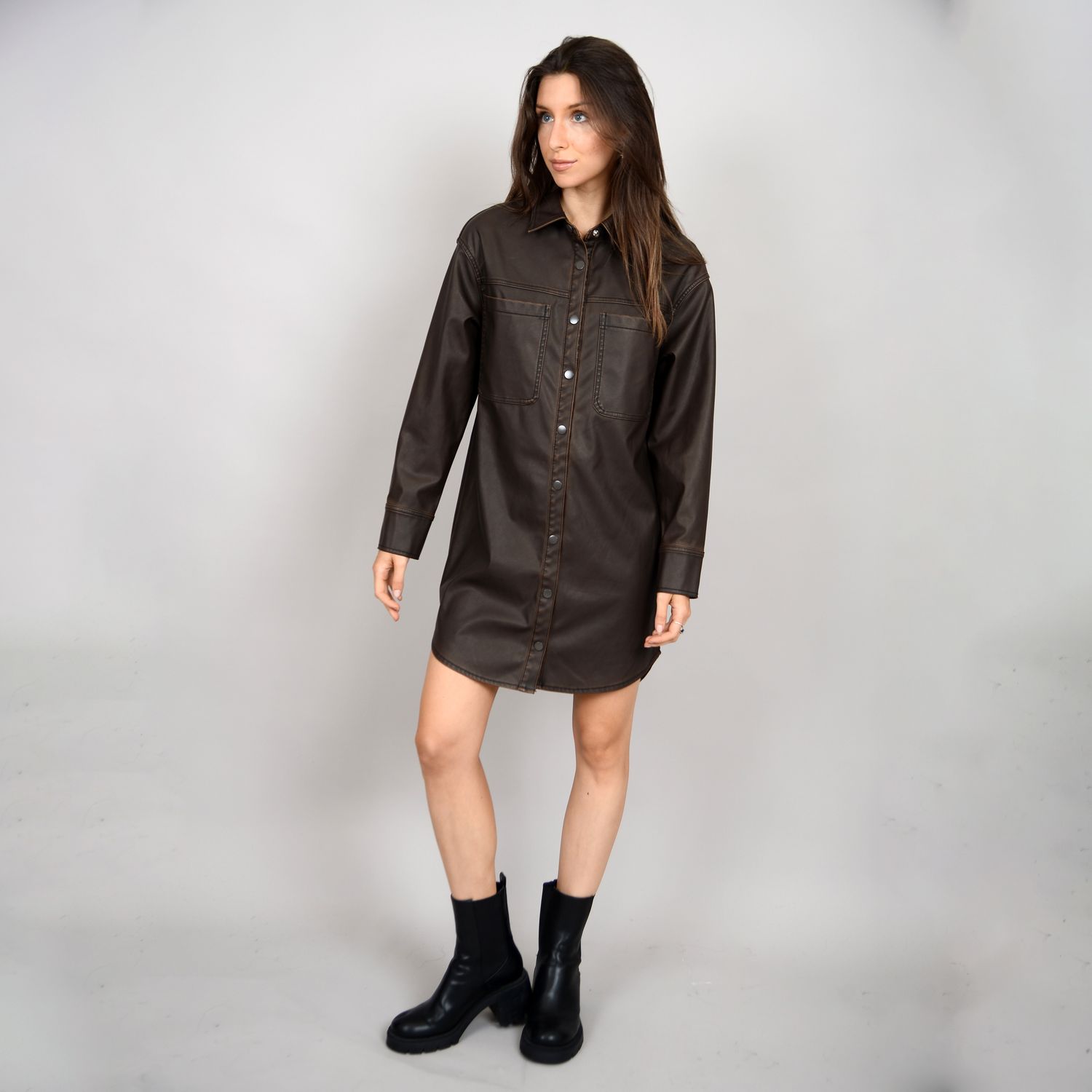 76WD030S Ladies Aliska distressed faux leather snap front shirt dress