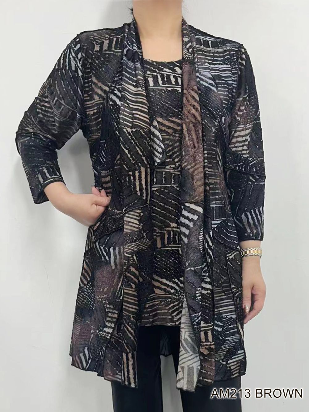 AM213 Ladies 3/4 sleeve open print cardigan