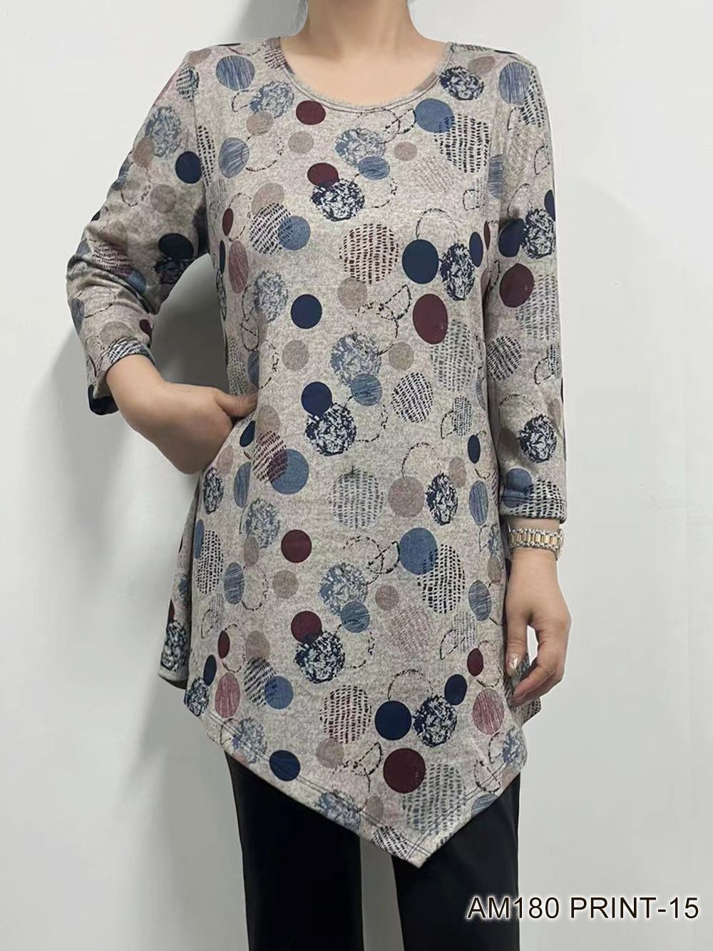 AM180PRINT15 Ladies 3/4 sleeve soft asymmetrical print top