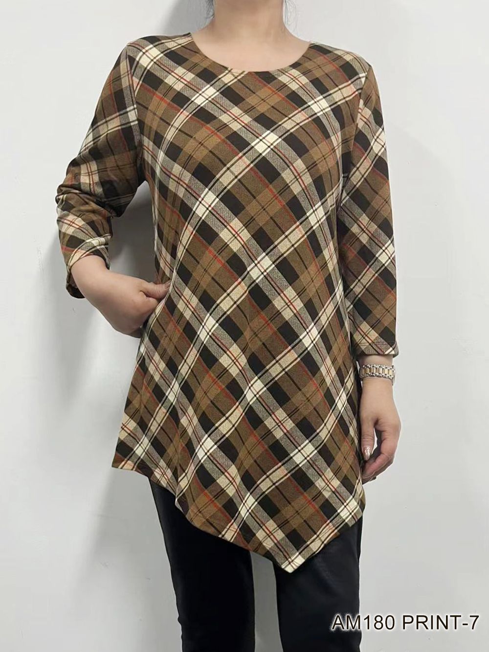 AM180PRINT7 Ladies 3/4 sleeve soft asymmetrical print top
