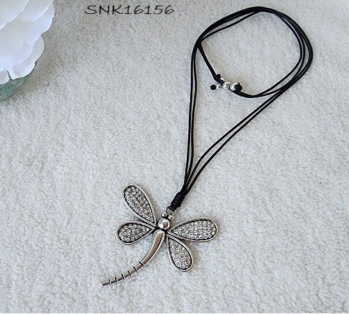 SNK16156 Leather rope necklace w/ dragonfly and rhinestones