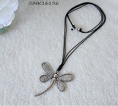 SNK16156 Leather rope necklace w/ dragonfly and rhinestones