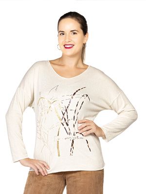 C7120 Ladies L/S v neck foil print top w/shimmer