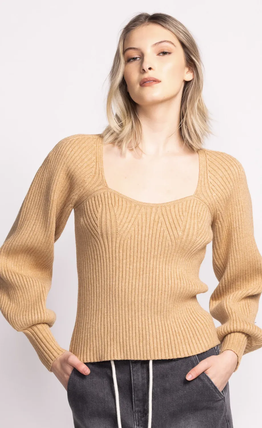 SW-2456BE Women&#39;s L/S dipped neck Elodie ribbed sweater