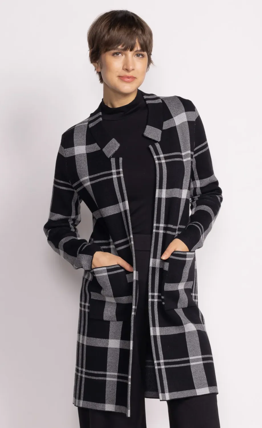 SW-1995F24W Ladies open plaid cardigan coat sweater w/pockets