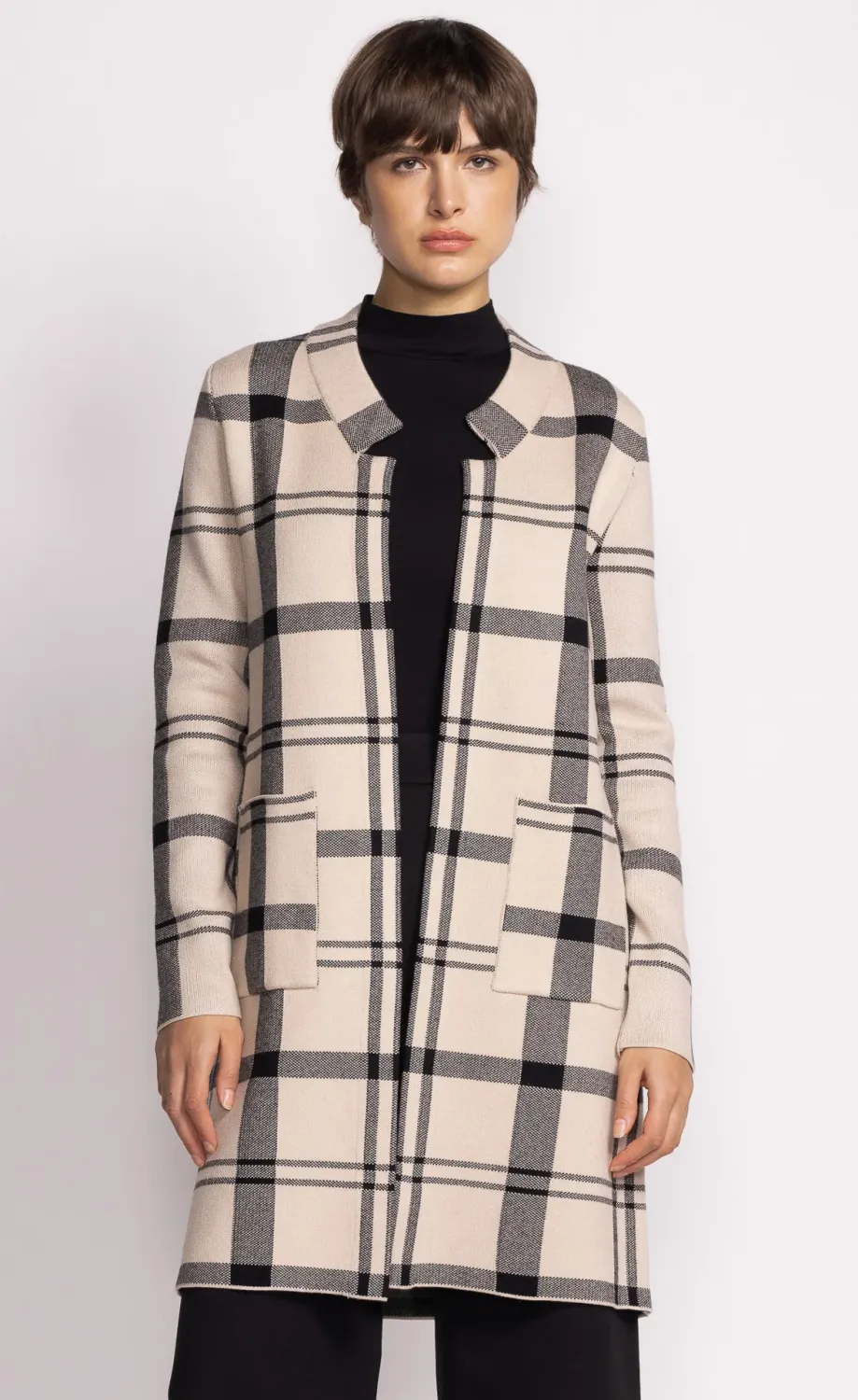 SW-1995F24BE Ladies open plaid cardigan coat sweater w/pockets
