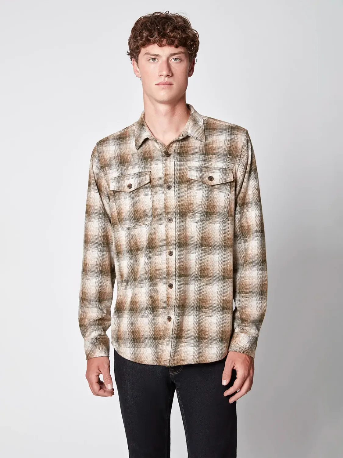 145235 Men&#39;s long sleeve stretch plaid button shirt