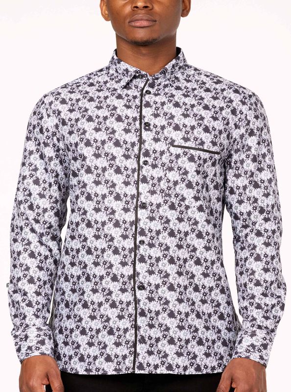 121488 Men&#39;s L/S printed button shirt w/front pocket