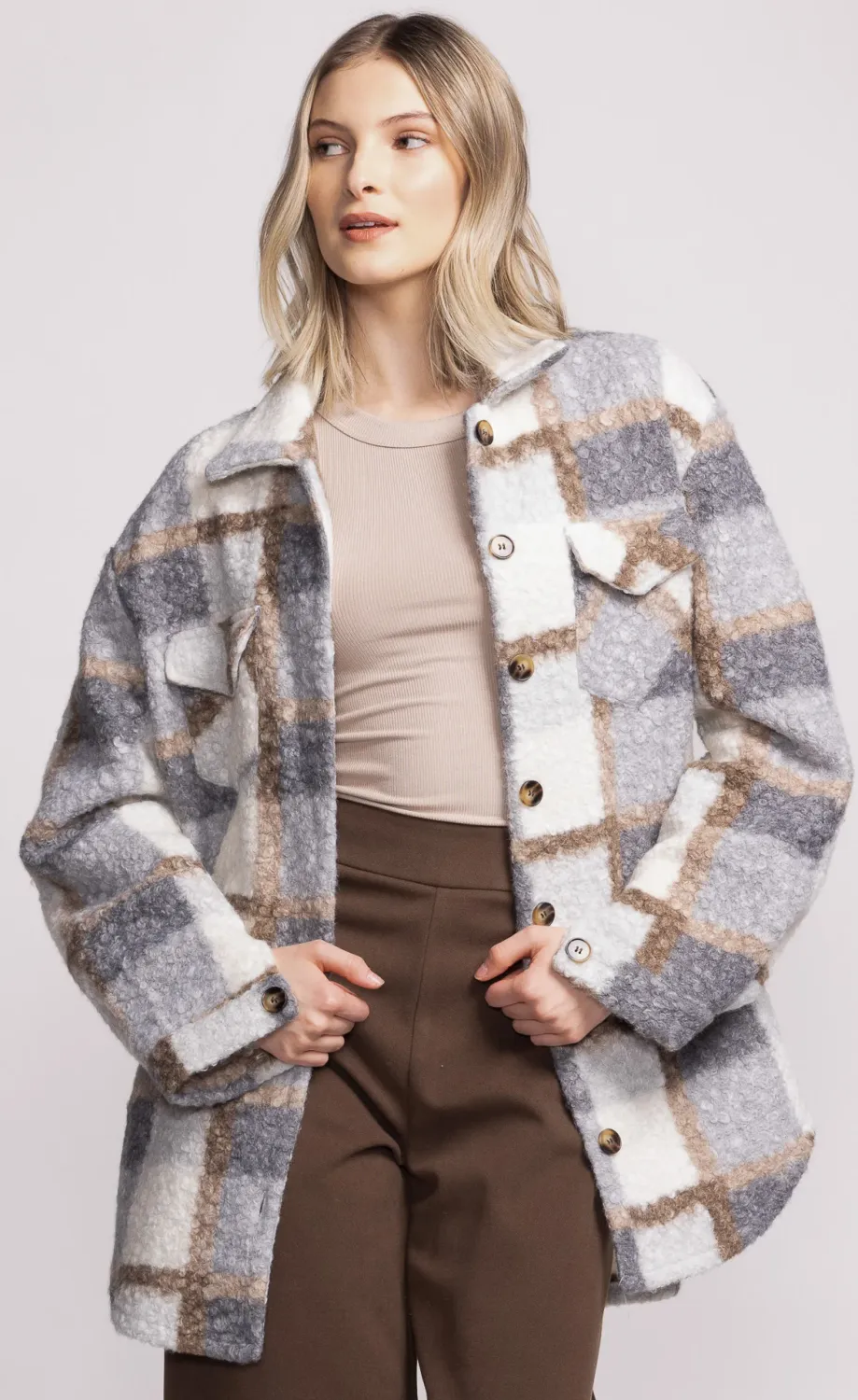 CO-231127B Ladies button plaid Jade coat w/front and side pockets
