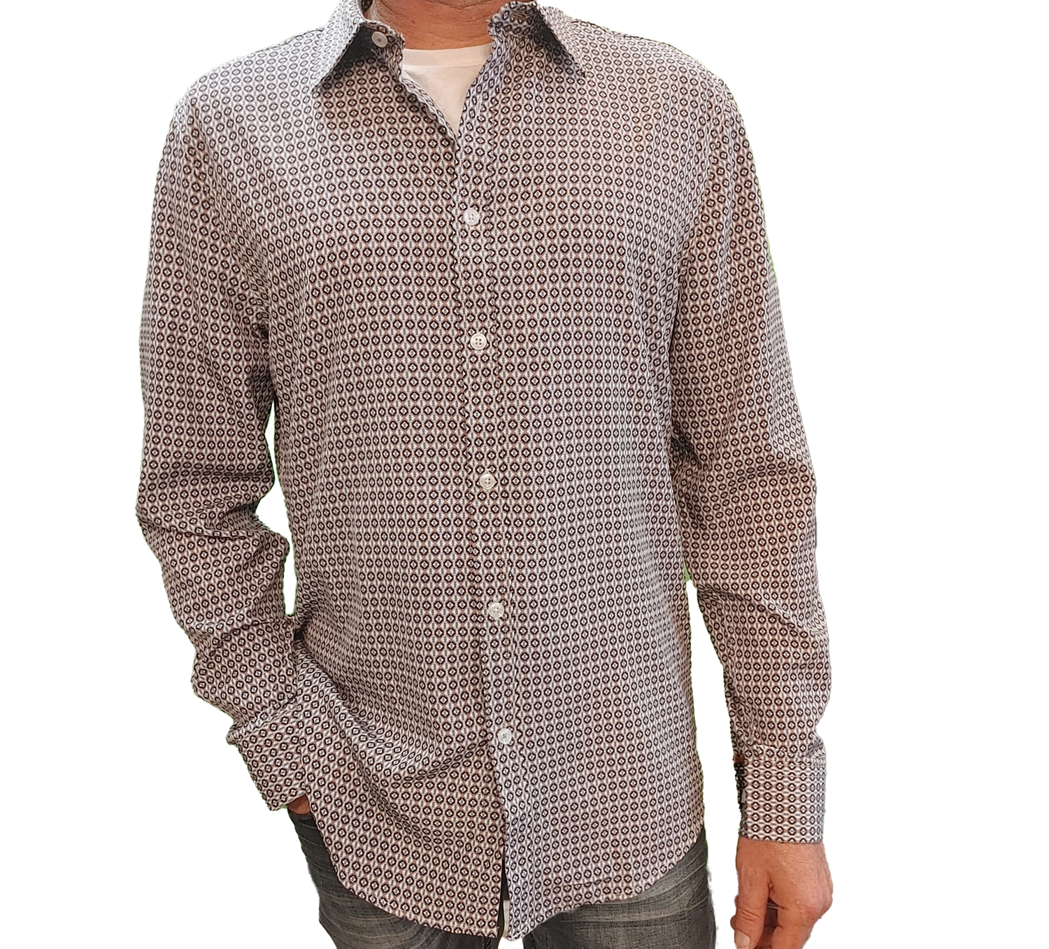 7364763 Men&#39;s long sleeve 4 way stretch print button shirt